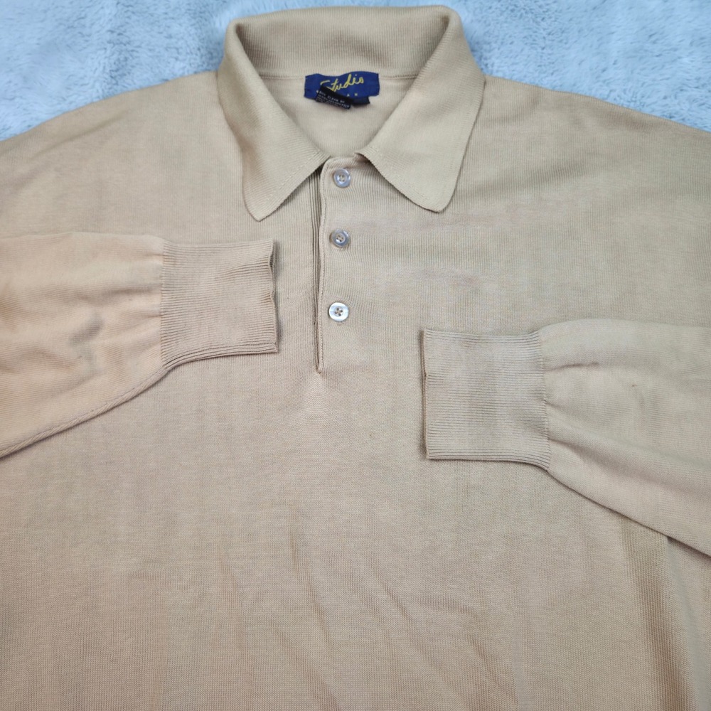 Studio Milan Silk Polo Sweater Mens XL Long Sleeve Knit Button Neck Tan Camel